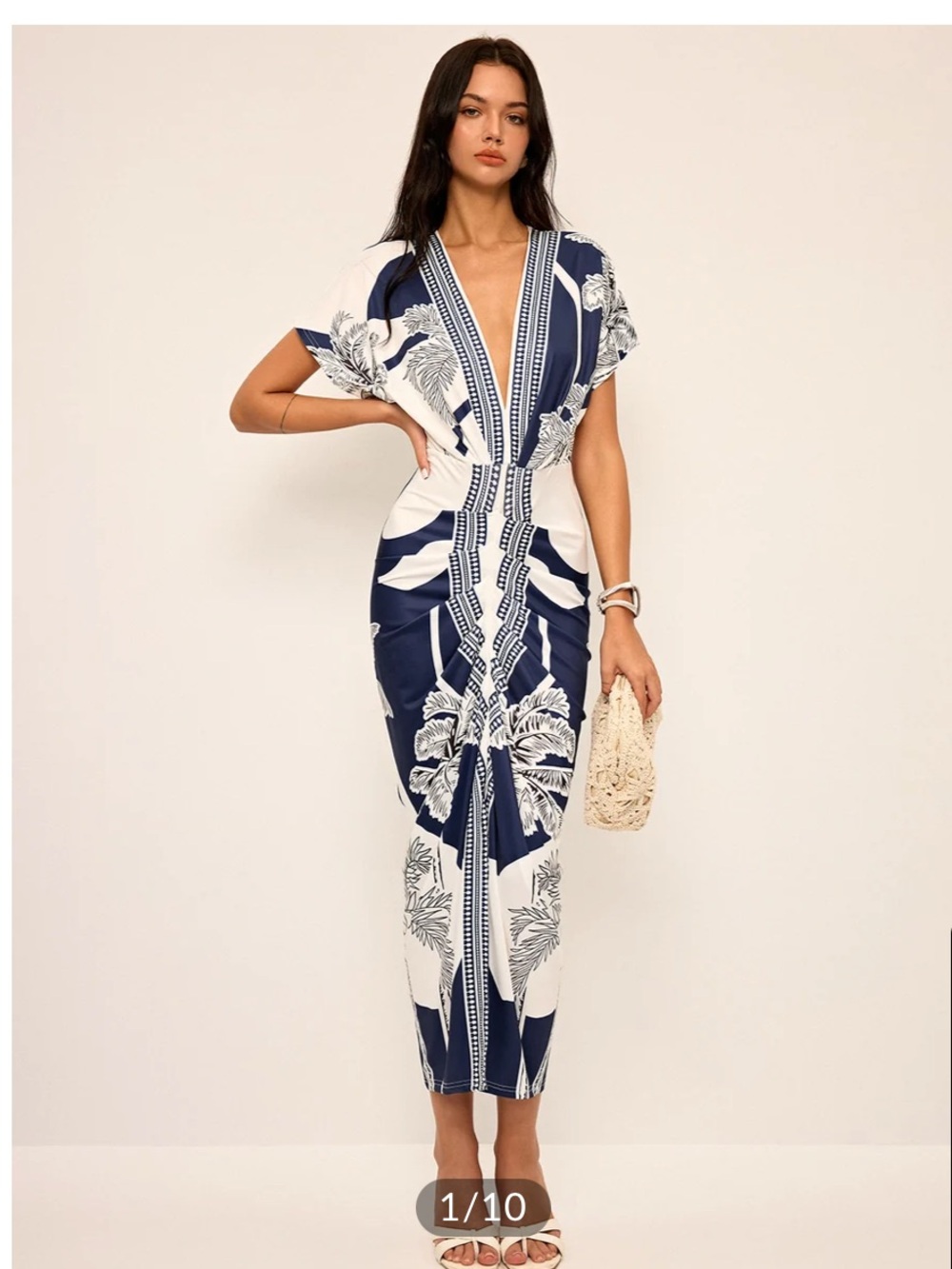 Commense Navy & White Botanical V-Neck Midi Dress